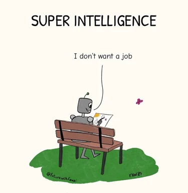 Cartoon of a small gray robot sitting on a park bench holding a paper, with a speech bubble reading 'I don't want a job'