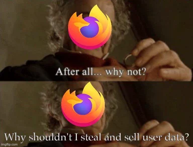 meme of a man with a Firefox logo over his face making a questionable decision about user data