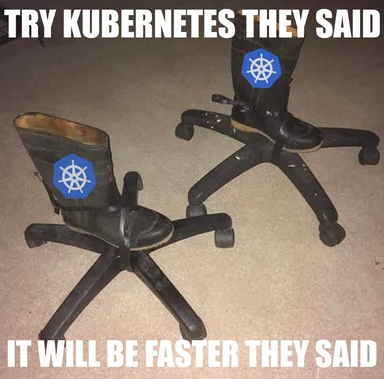 Two broken office chairs with Kubernetes logos on them