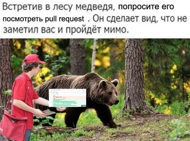 a man in a red shirt and cap holding a tablet with a pull request on the screen, standing next to a bear in the woods