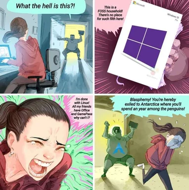 Cartoon comic depicting a humorous exchange about Linux vs Windows