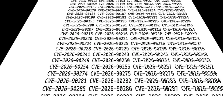 A screen or document packed with hundreds of CVE-2026 vulnerability identifiers, cut by a black diagonal stripe