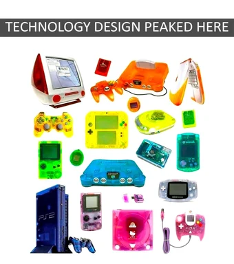 Collection of colorful transparent technology gadgets including iMac G3, Game Boy, and PS2 with text Technology Design Peaked Here