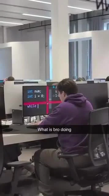 A developer sits at a desk with a puzzled expression, looking at code on their screen with the caption 'What is bro doing'