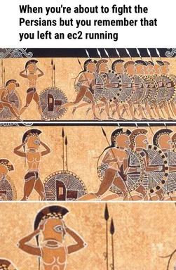Ancient Greek warriors about to charge into battle, with one suddenly recalling a forgotten EC2 instance.
