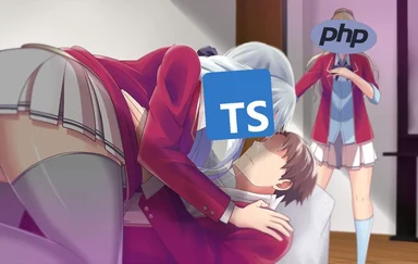 Anime-style meme of a girl kissing a boy while another girl watches with a PHP label over her face and a TS label over the kissing girl's backside