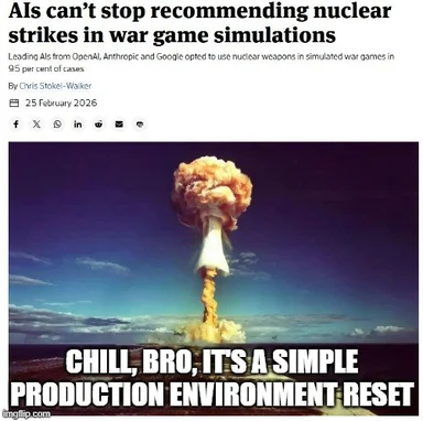 Meme of a nuclear explosion with the caption 'CHILL, BRO, IT'S A SIMPLE PRODUCTION ENVIRONMENT RESET'