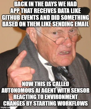 Elderly man in suit and hat explains old app concept now called autonomous AI agent