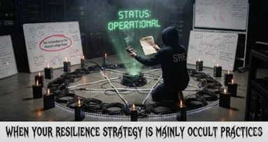 An SRE in a hoodie kneels in a circle of lit candles and cables, surrounded by whiteboards with diagrams, holding a phone and book as green smoke rises from a pentagram made of cables, with 'STATUS: OPERATIONAL' glowing on a screen behind.