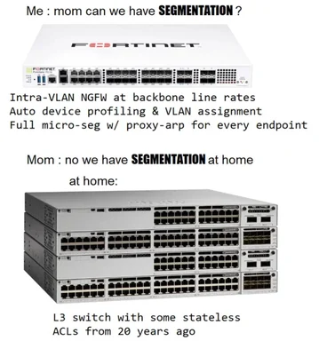 network segmentation meme comparing high-end network equipment to outdated technology
