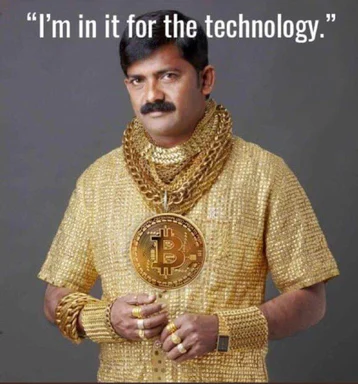 Man in gold outfit holding bitcoin, saying 'I'm in it for the technology'