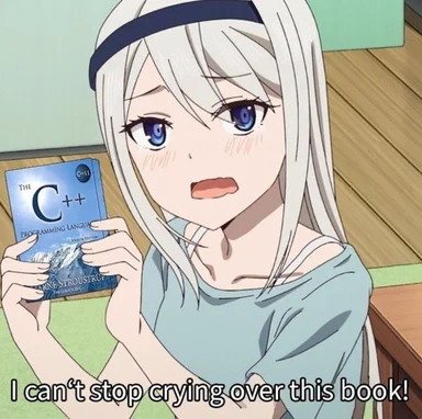 anime girl holding C++ book crying