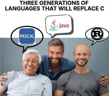 Three generations of programmers with speech bubbles for Pascal, Java, and Rust, joking about replacing C