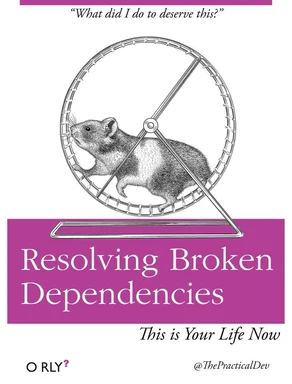 A humorous meme depicting a mouse in a wheel with the caption 'Resolving Broken Dependencies'
