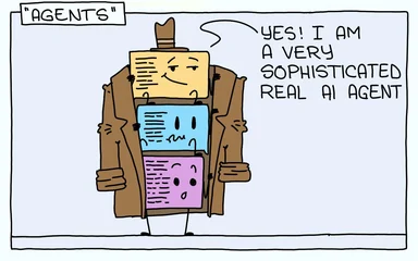 cartoon ai agent made of stacked papers in a trench coat