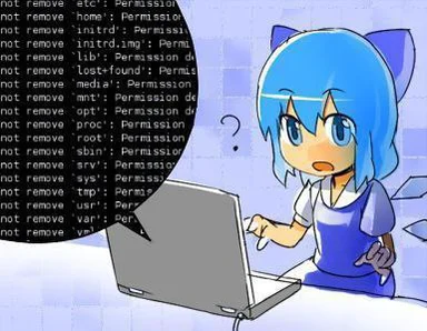 confused anime character looking at a laptop with a permission denied error