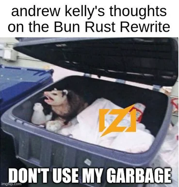 Bear in a trash can with text 'andrew kelly's thoughts on the Bun Rust Rewrite' and 'DON'T USE MY GARBAGE'