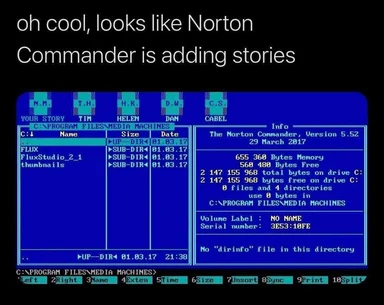 Norton Commander screenshot with a humorous caption about adding stories
