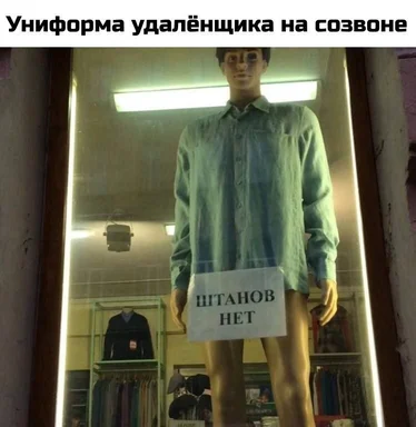 Манекен в рубашке без штанов с табличкой «Штанов нет» — униформа удалёнщика на созвоне