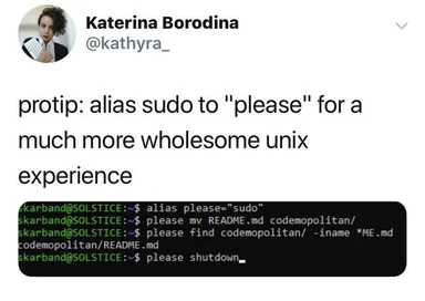 A developer's tip to alias sudo to 'please' for a better unix experience