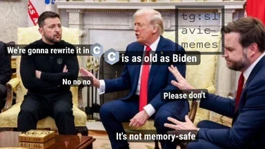 Donald Trump and two other men in a meeting, with text overlay about rewriting code in C