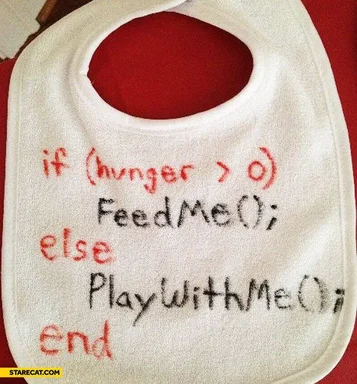 A white baby bib with a humorous programming code message