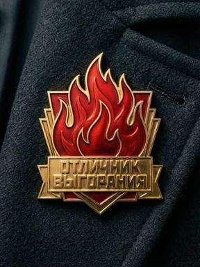 A gold and red pin with a flame design and Russian text on a dark fabric background