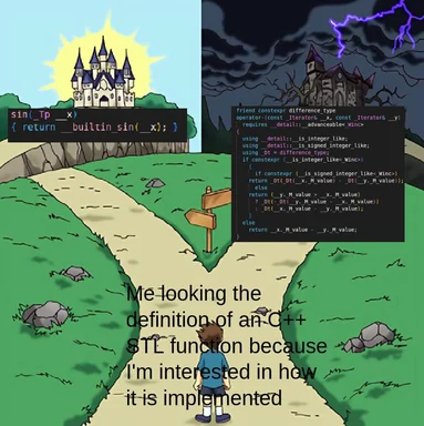 cartoon meme of a boy looking at two paths with code snippets on castles in the distance
