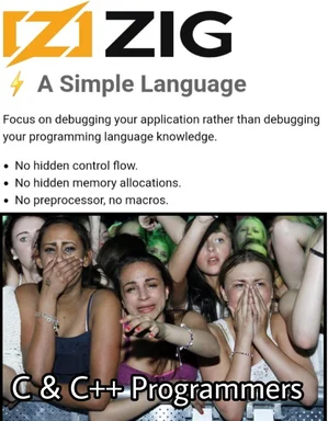 a group of women covering their mouths in shock, with text about the Zig programming language and C & C++ programmers