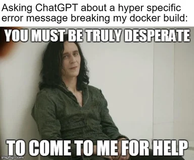 humorous image of a person looking desperate with text about asking ChatGPT for help with a docker build error