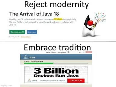 Java 18 meme with a penguin rejecting modernity and embracing tradition