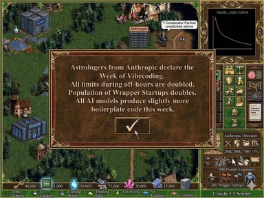 Humorous game screenshot parodying AI development with 'Week of Vibecoding' announcement