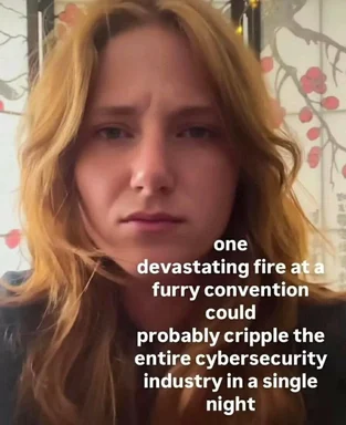 Blonde woman with a serious expression and text about a furry convention fire affecting cybersecurity
