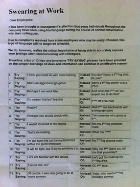 A company memo titled 'Swearing at Work' with a list of 13 phrases to replace swear words in the workplace.