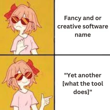 cartoon girl with pink hair and sunglasses reacting to software name
