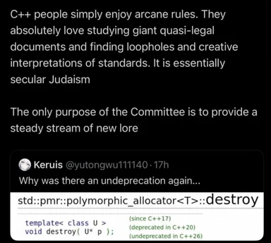 A screenshot of a tweet discussing C++ polymorphic allocator deprecation and undeprecation across different C++ standards.