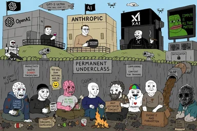 Cartoon depicting AI underclass with people sitting by a wall, contrasted with wealthy AI companies