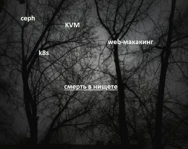 dark forest with leafless trees and russian text overlay