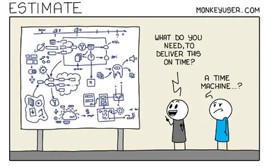 cartoon of a developer and manager discussing a complex project timeline