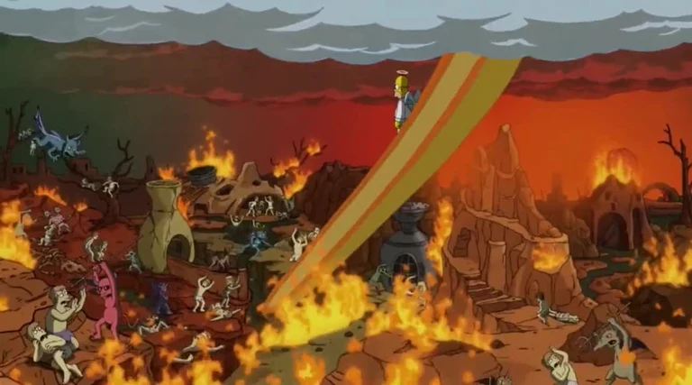 Homer Simpson sliding down a rainbow into a fiery landscape filled with demons and fire.