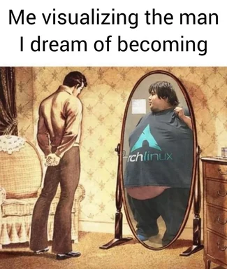 Man looking at mirror with ideal self-image of Arch Linux t-shirt