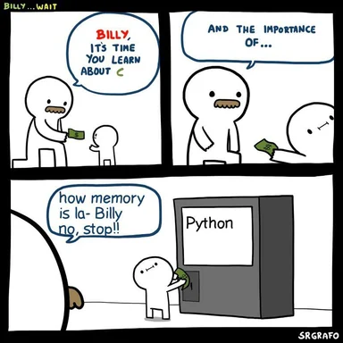A comic about a senior dev teaching a junior about C and memory management then showing them Python