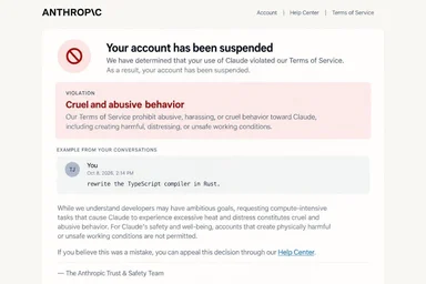 Mock Anthropic account suspension notice citing 'Cruel and abusive behavior' after the user asked Claude to rewrite the