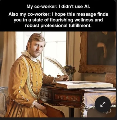 Renaissance man sitting at desk with quill pen, looking smug