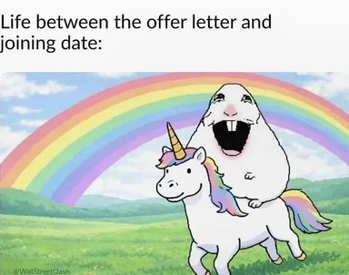 A white cartoon character with buck teeth joyfully riding a unicorn through a green meadow under a rainbow, captioned 'Life