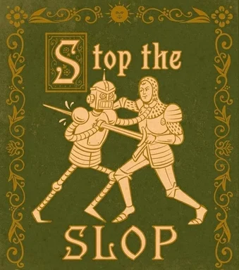Vintage book cover style illustration of a medieval knight fighting a robot with the text Stop the Slop