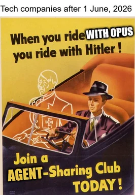A parody vintage poster of a man driving a car with a ghostly outline of Hitler in the back seat, with text reading 'When you ride with OPUS you ride with Hitler' and 'Join an AGENT-Sharing Club TODAY'