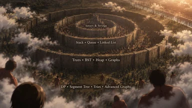 Game of Thrones-style aerial view of a circular fortress wall with concentric rings labeled with data structures and