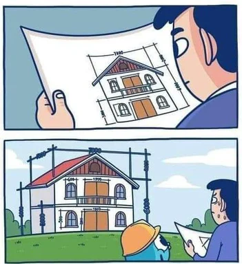 cartoon man holding house blueprints looking disappointed