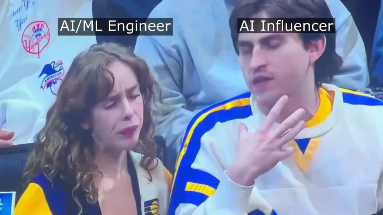 Split screen showing a stressed woman labeled AI/ML Engineer and a man gesturing labeled AI Influencer